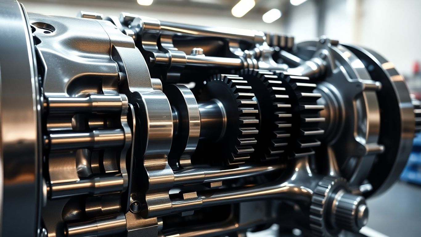 Car transmission parts in a workshop setting.