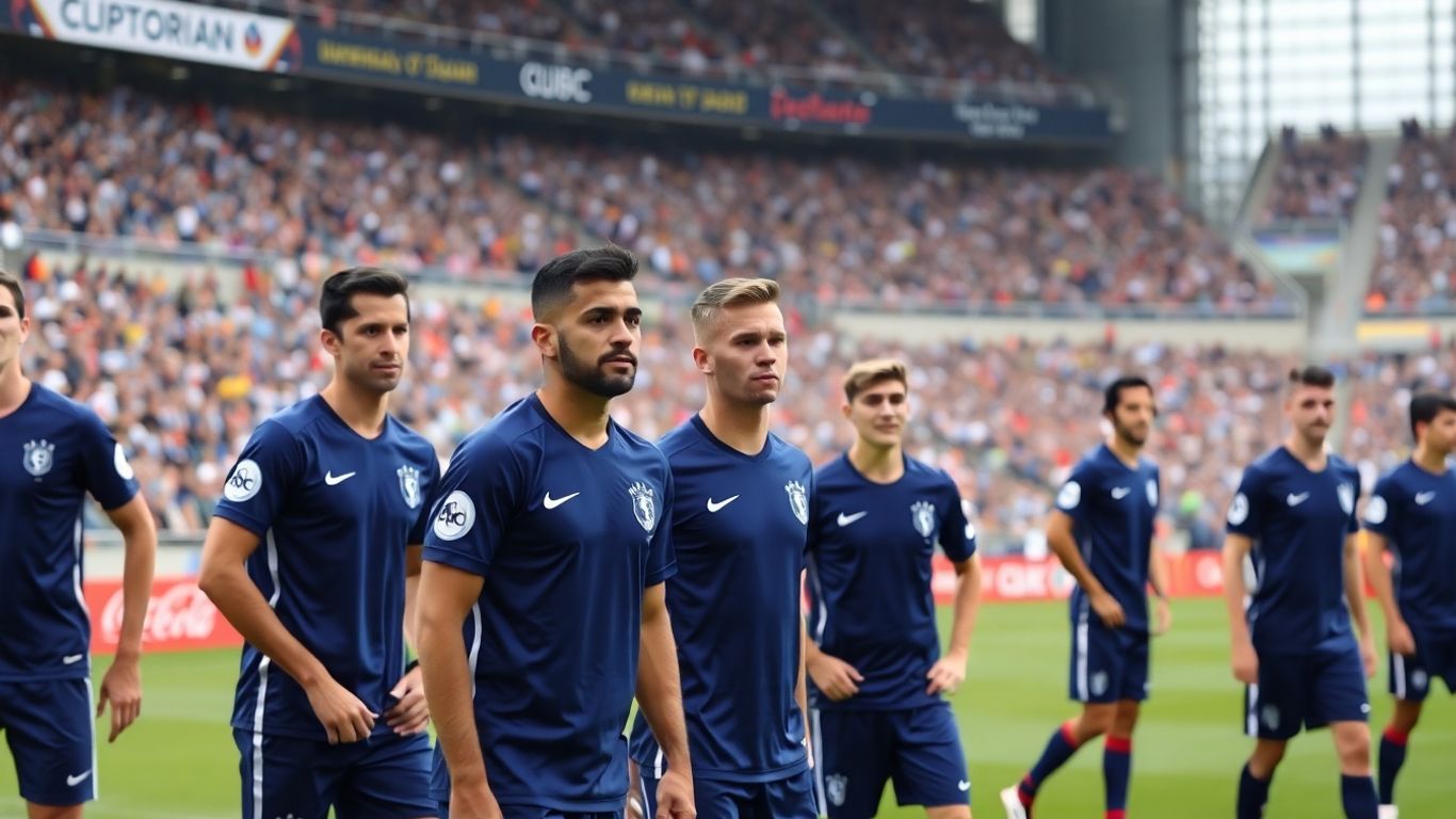 Joueurs français en bleu affrontant l’équipe d’Azerbaïdjan au stade.