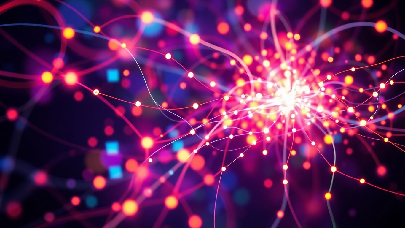 Abstract digital communication with swirling lines and glowing nodes.