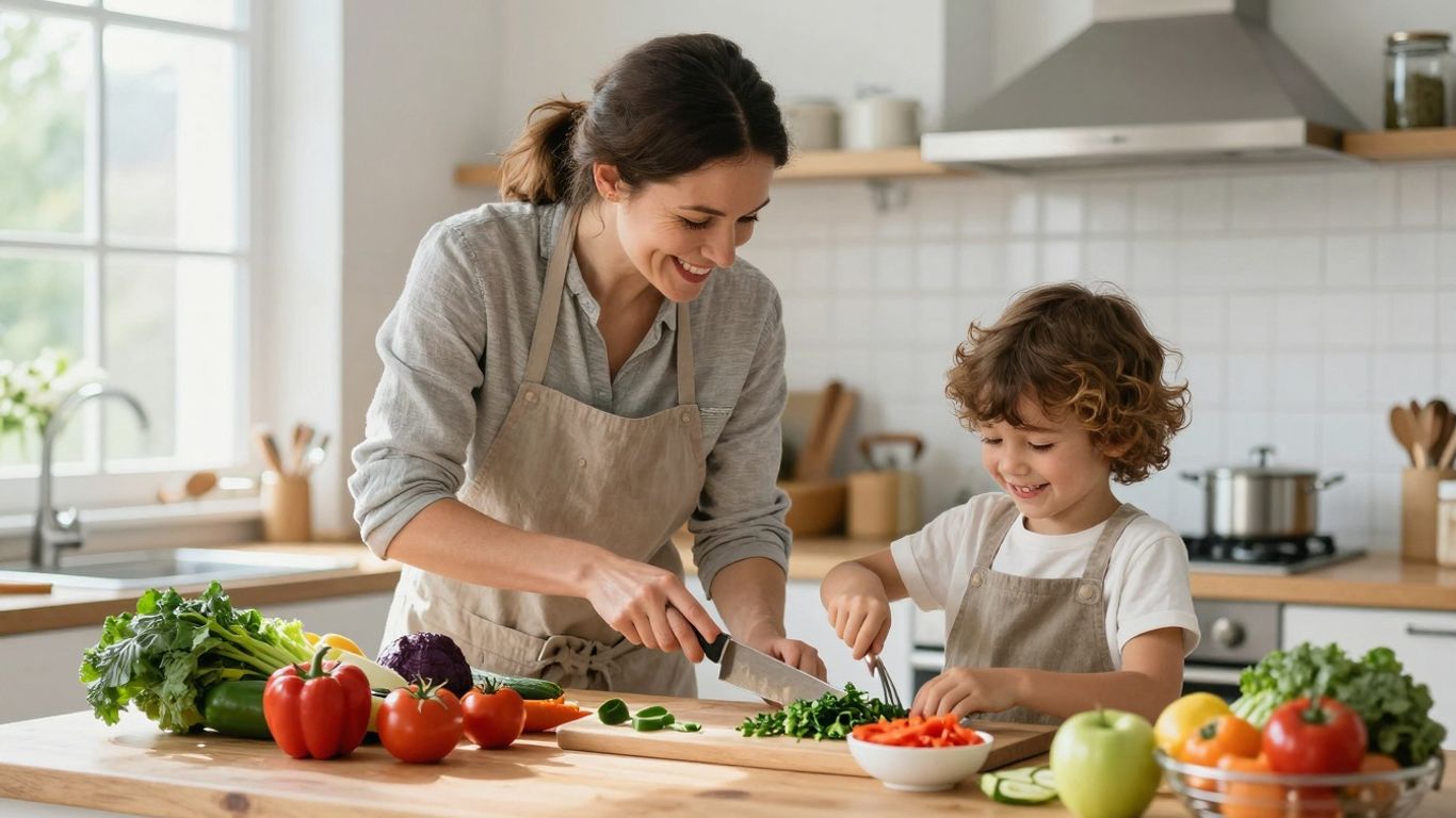 Familie kocht gemeinsam gesunde Mahlzeit in der Küche.