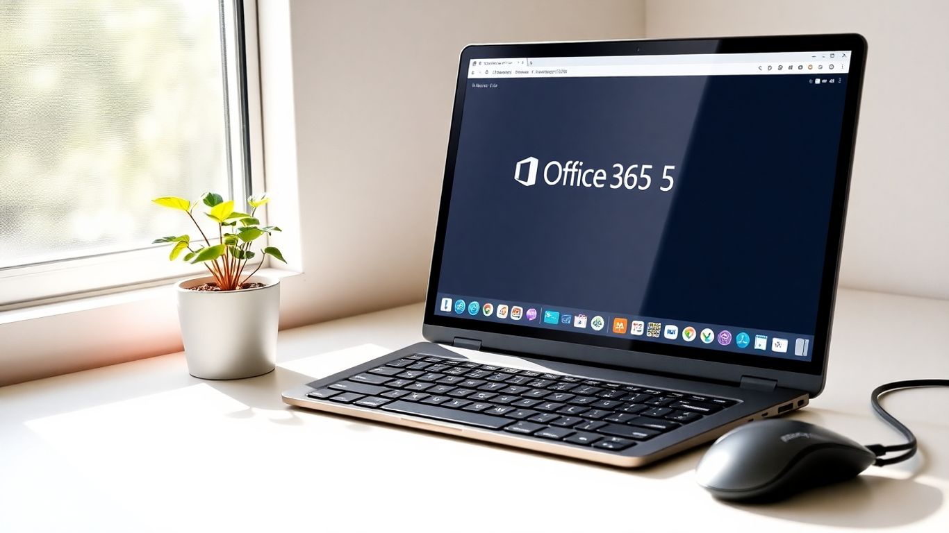 Escritorio moderno con portátil mostrando Office 365.