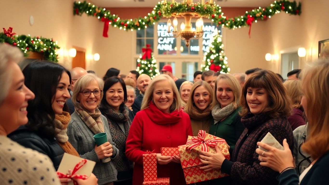 People enjoying a festive holiday charity event with gifts and decorations.