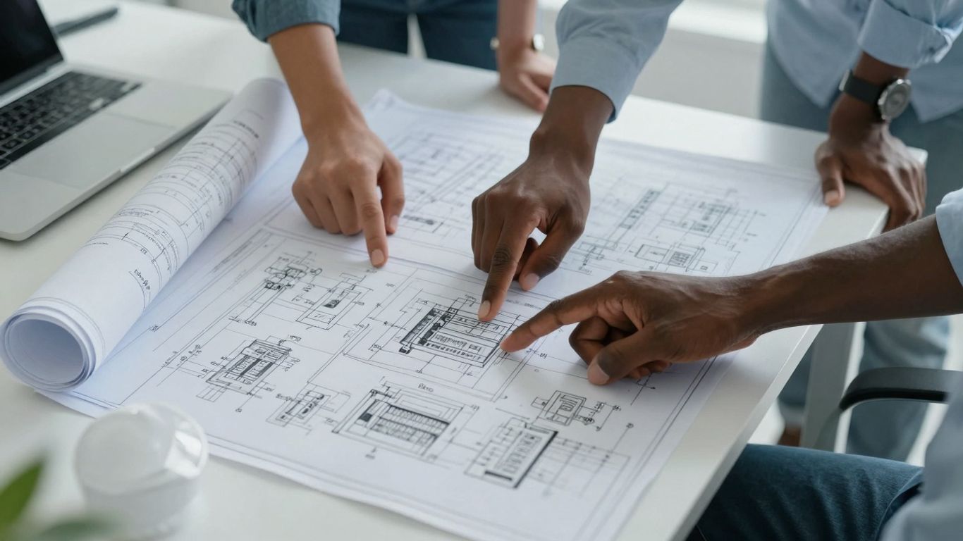 Engineers collaborating on electrical design blueprints.