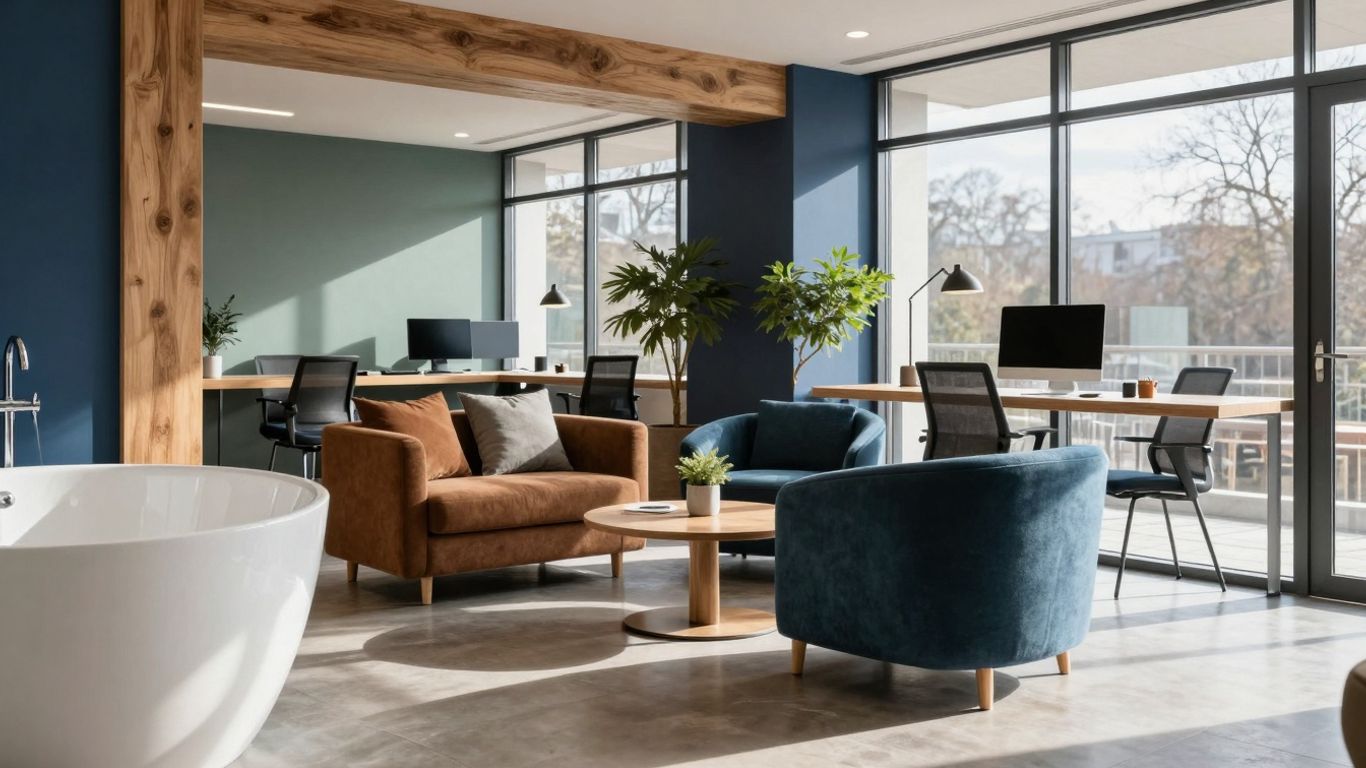 Inviting office interior with winter colors and natural light.