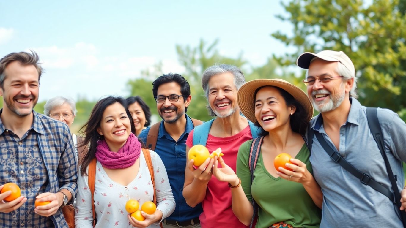 Pessoas sorrindo e praticando atividades saudáveis ao ar livre.
