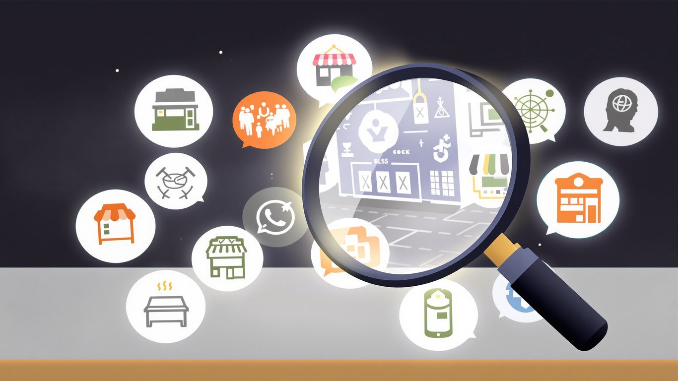 Magnifying glass over small business icons.