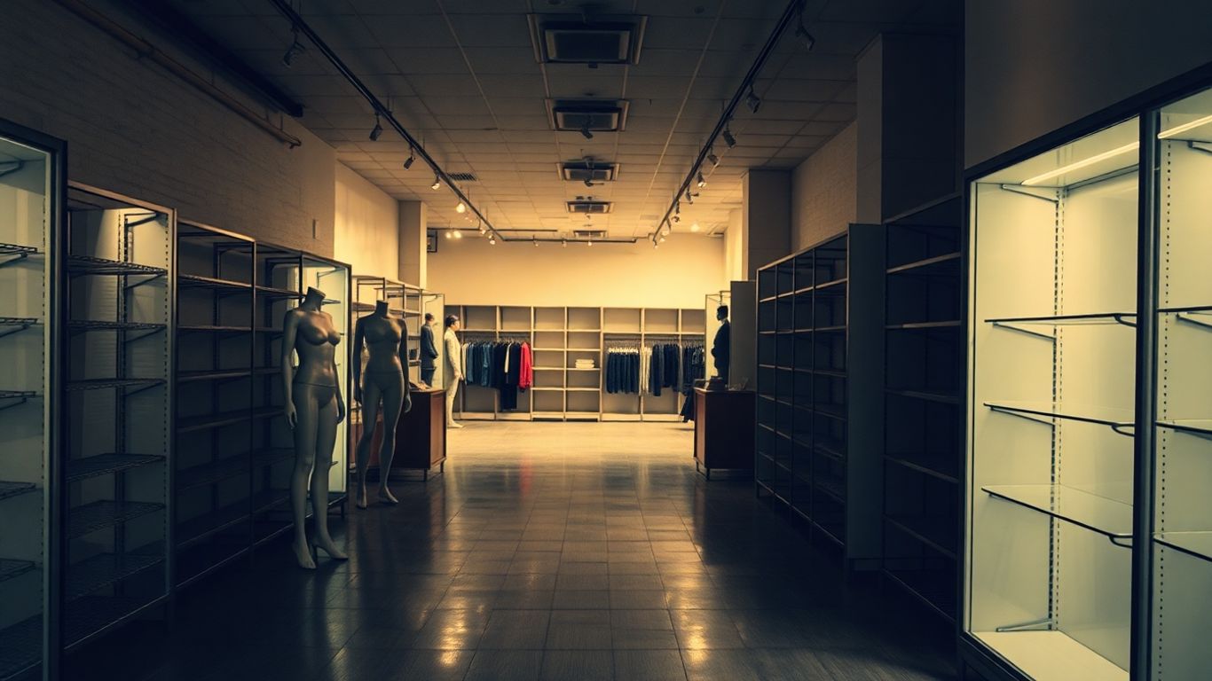Empty retail store interior with scattered shelves and mannequins.
