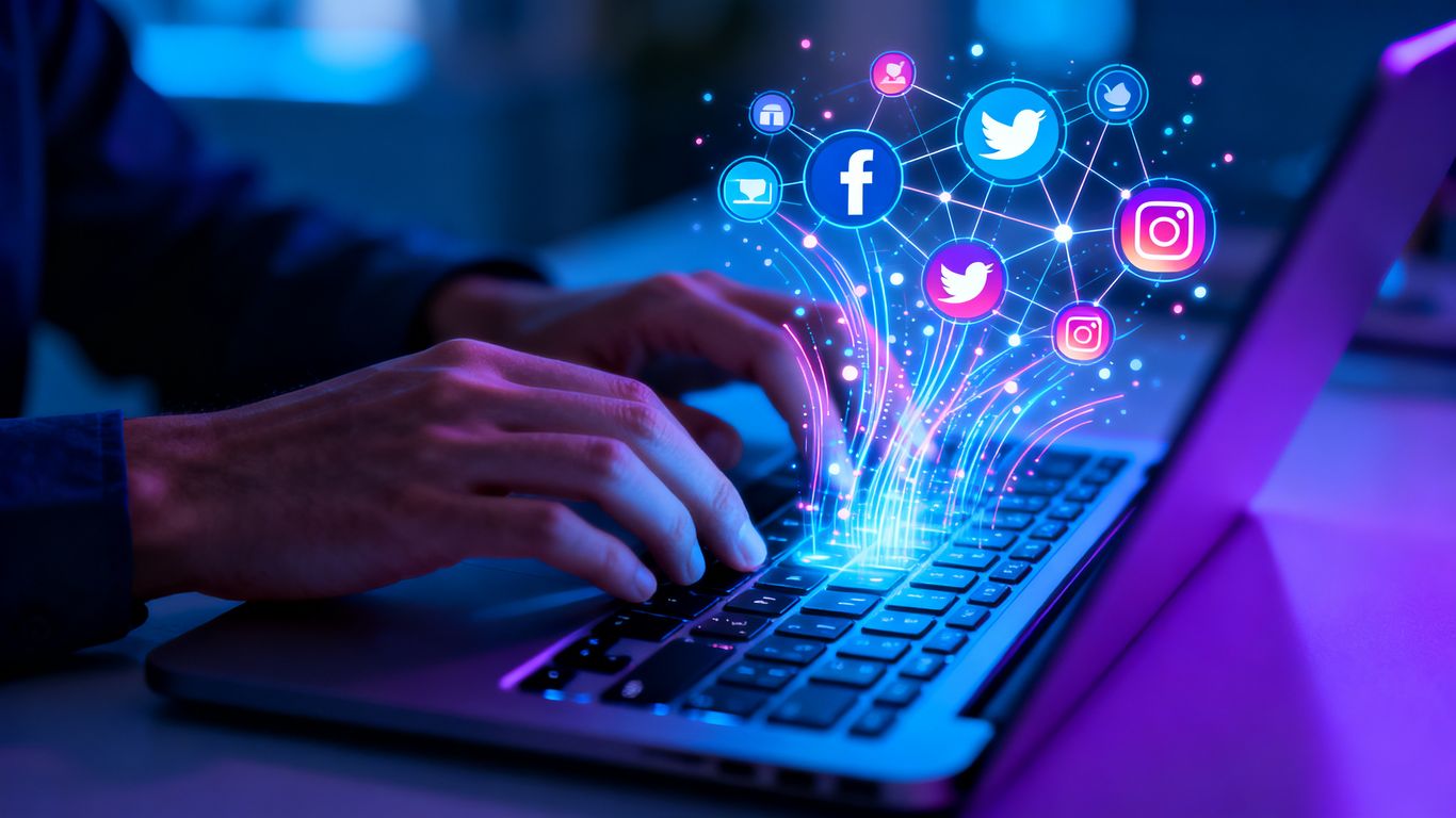 Hands typing on a laptop with social media icons.