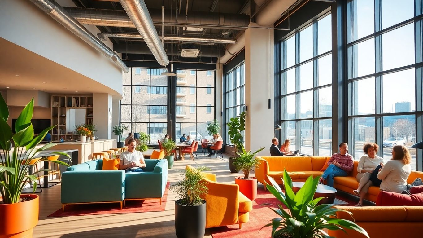 lyf East Frankfurt Innenraum mit modernen Möbeln und Pflanzen.