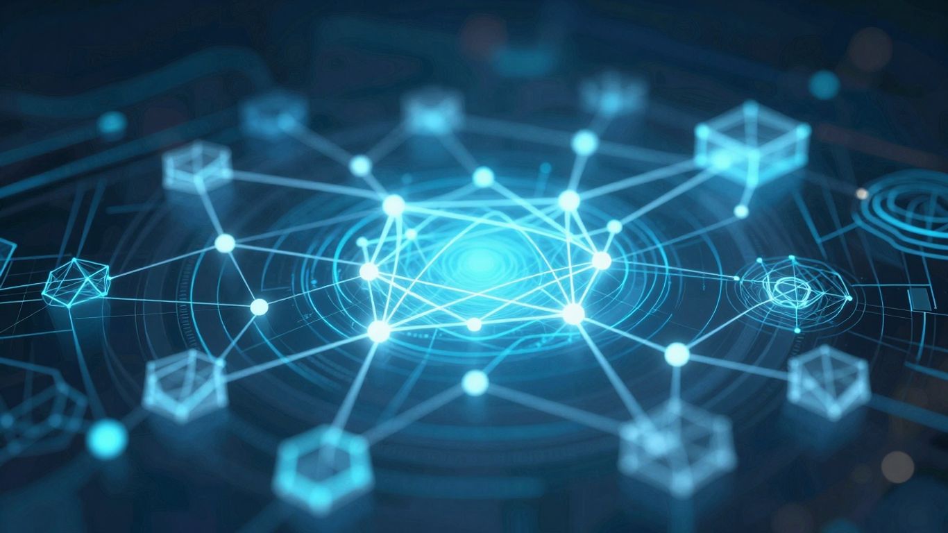 Digital workflow visualization with interconnected nodes and glowing lines.