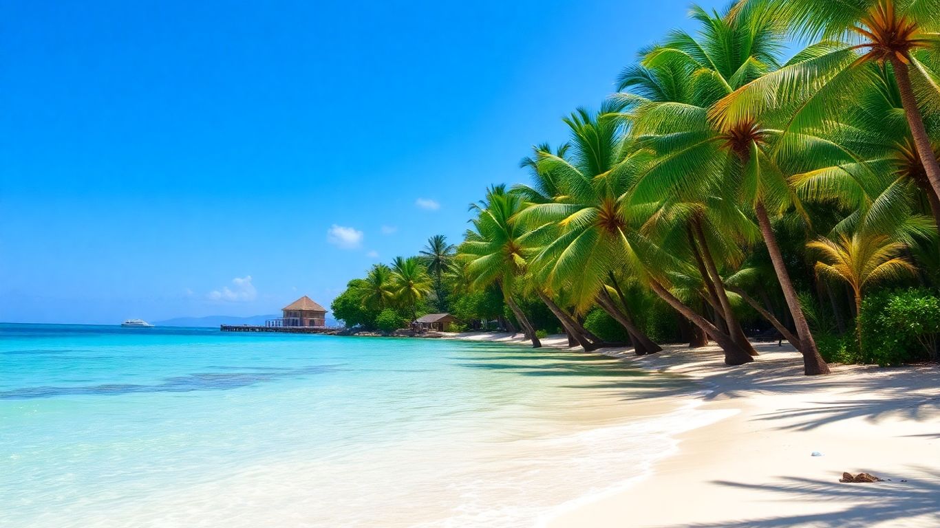 Serene beach with turquoise water and palm trees.