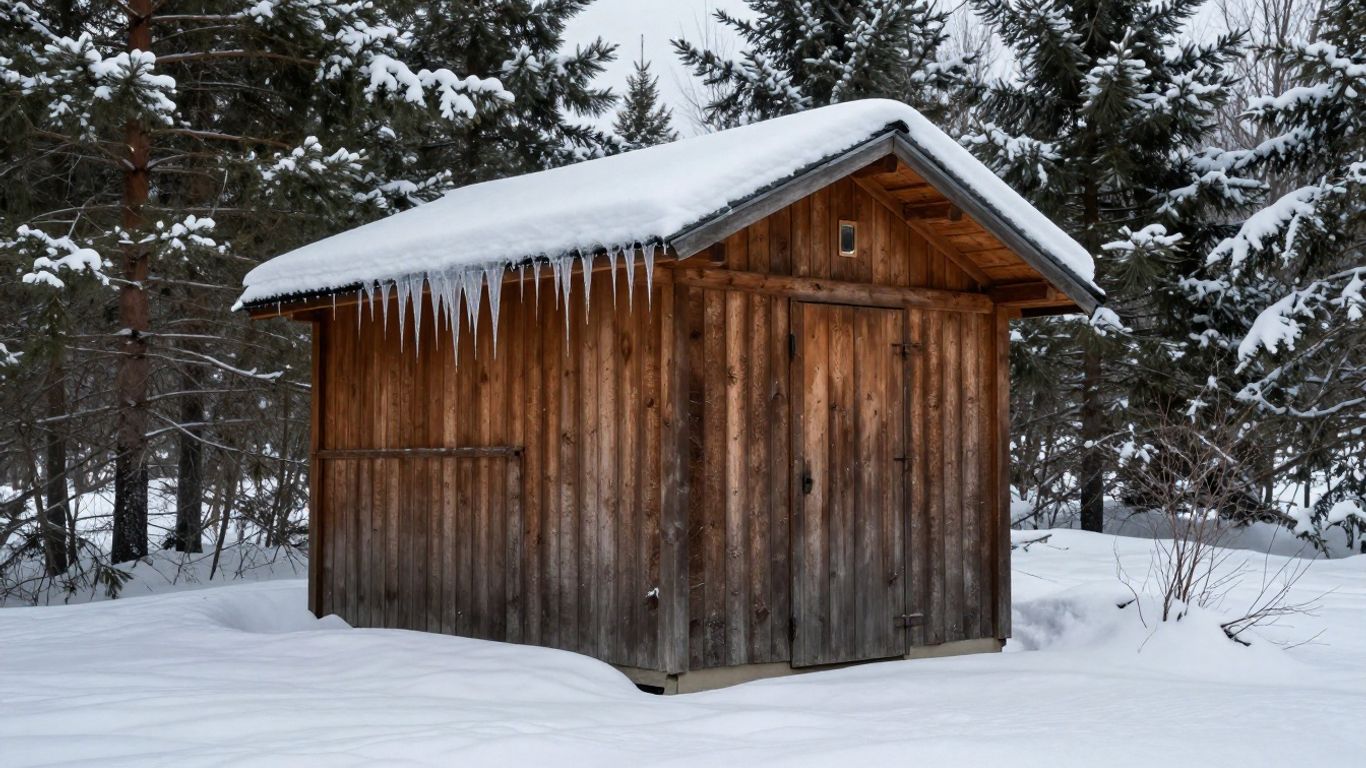 Winter storage shed with snow on roof and foundation.