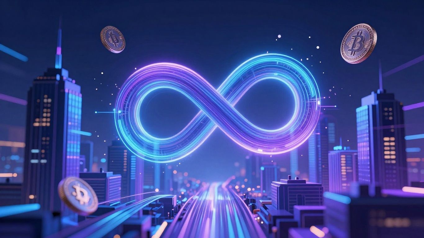 Futuristic cityscape with infinity symbol and crypto coins.