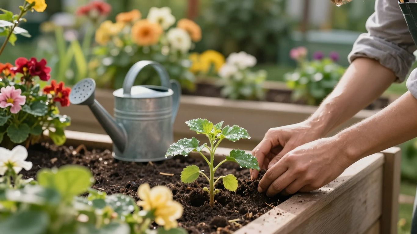Gärtner plant neue Saison mit modernen Werkzeugen im Garten.
