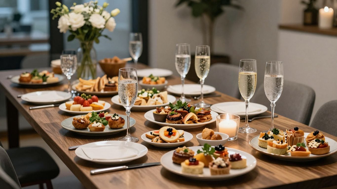 Table laden with gourmet finger foods and sparkling beverages.