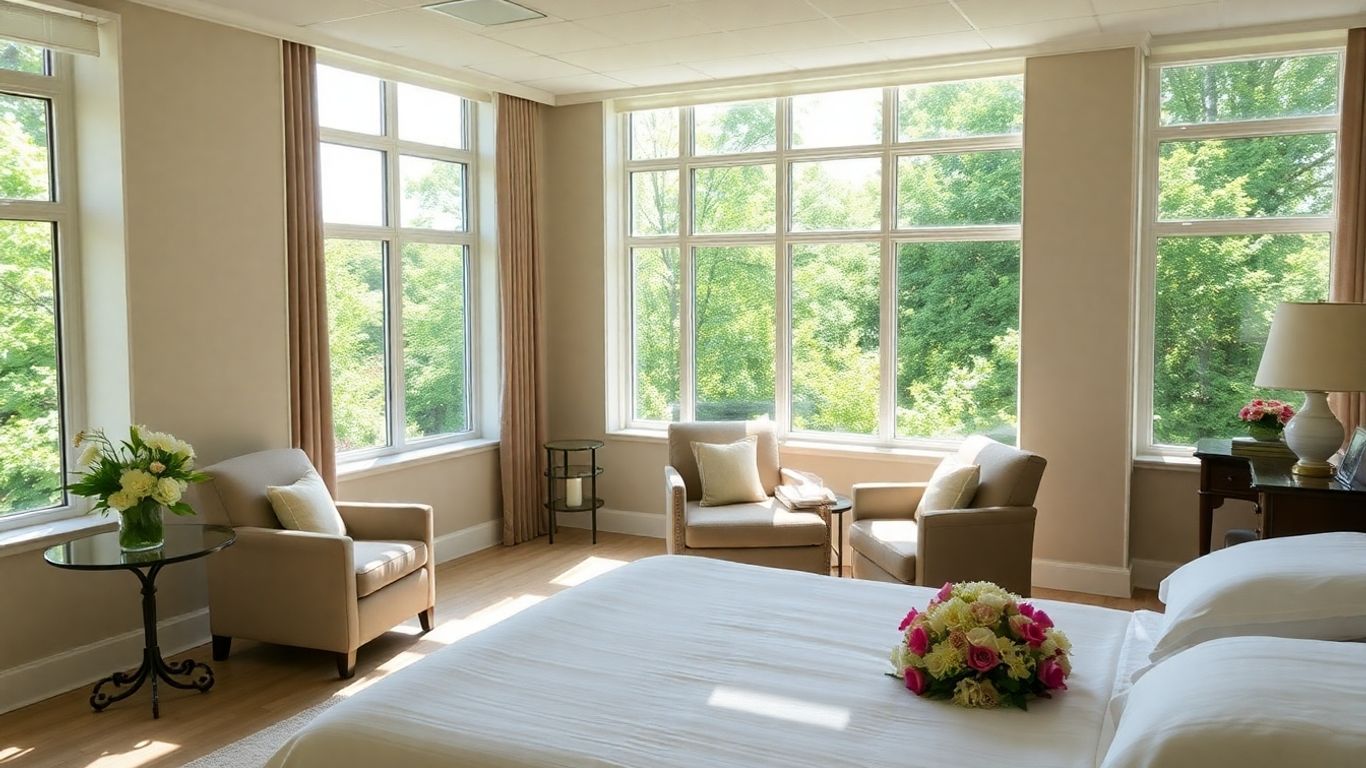 Luxury rehab suite with serene views and plush furnishings.