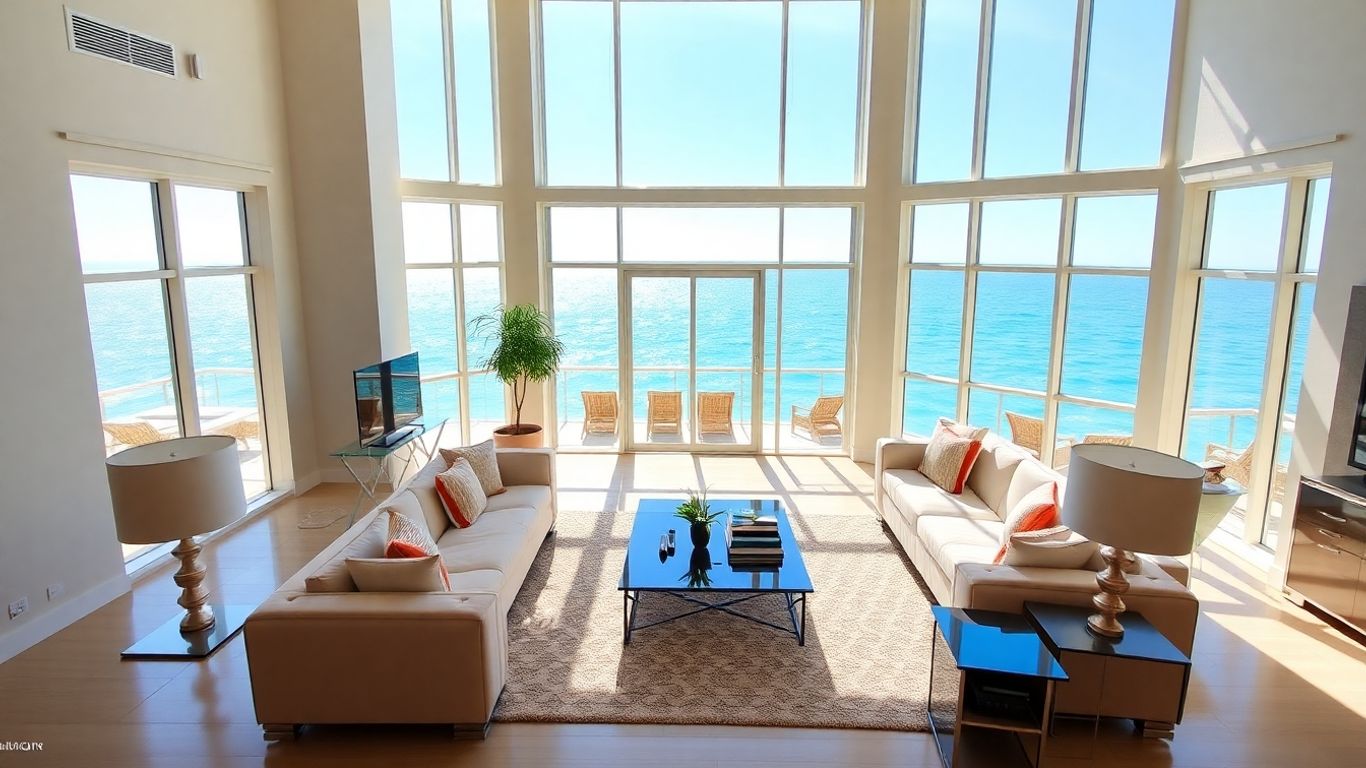 Oceanfront condo with luxurious interior and ocean view.