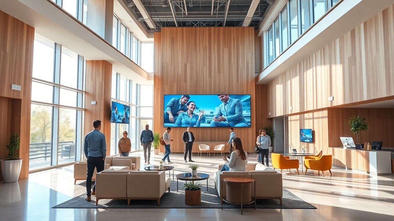 Modern office blends digital screens with natural, welcoming interiors