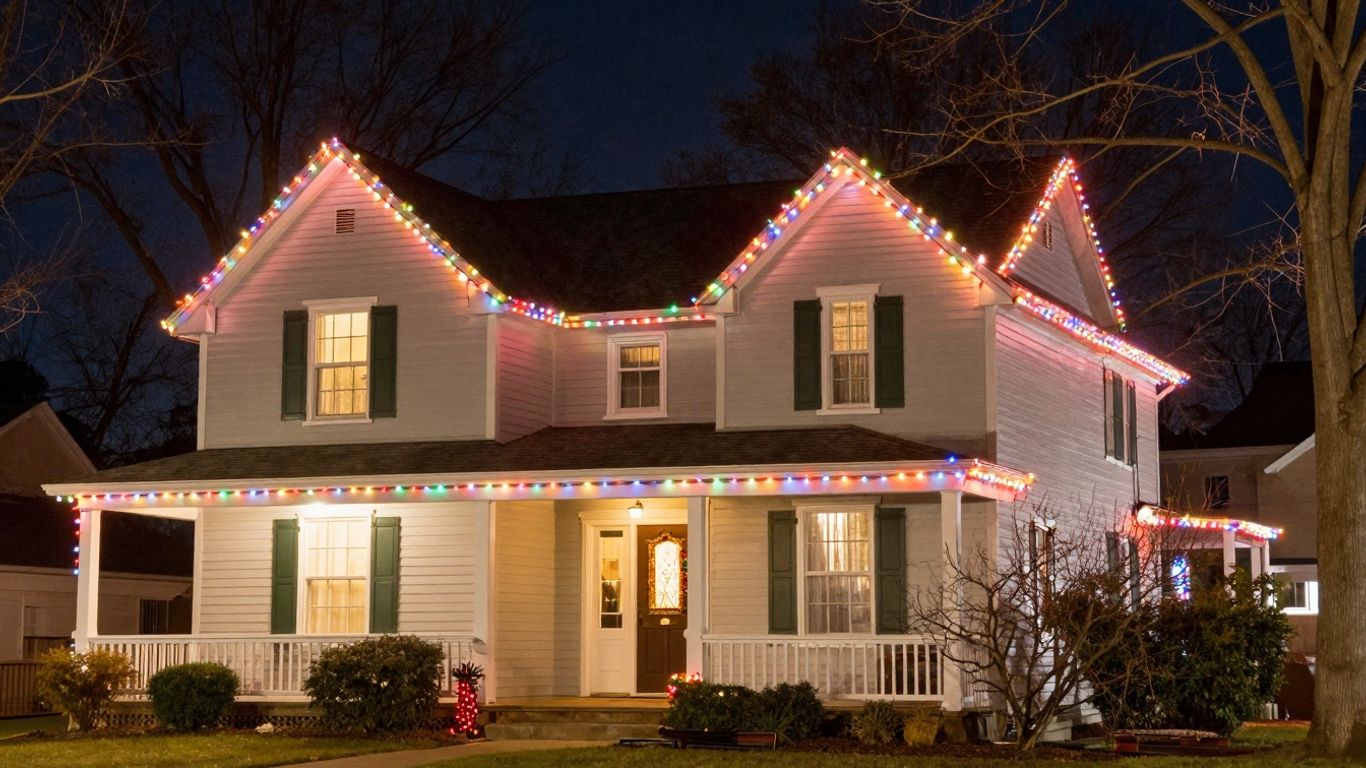 Festively lit house with Christmas lights in O'Fallon, MO.