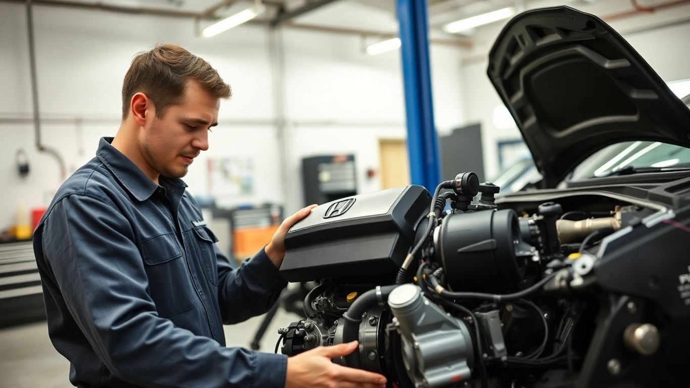 Mechanic examining Honda engine in Los Angeles workshop