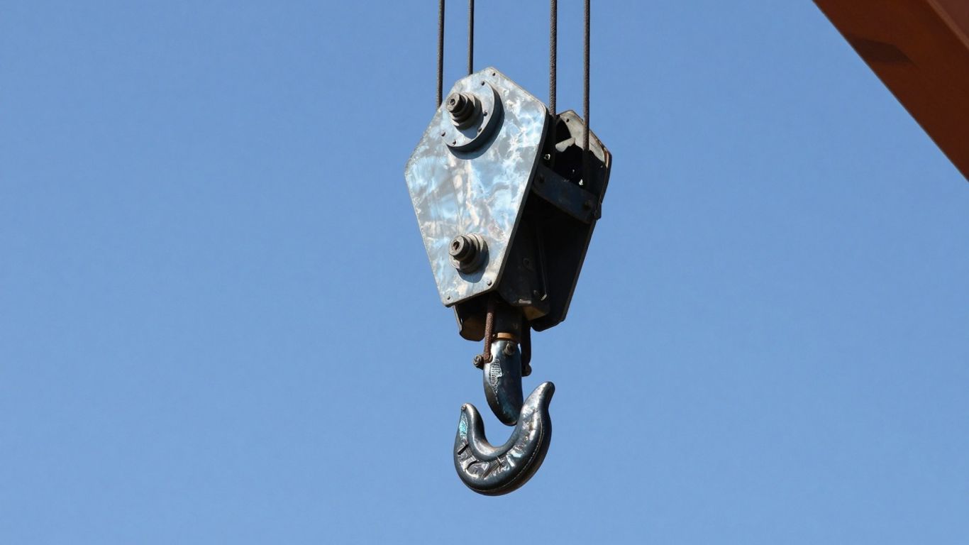 Crane hook and rigging against a blue sky.