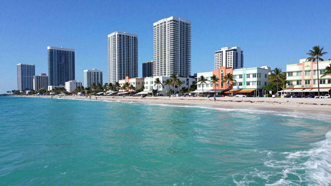 Miami beach skyline with palm trees and ocean
