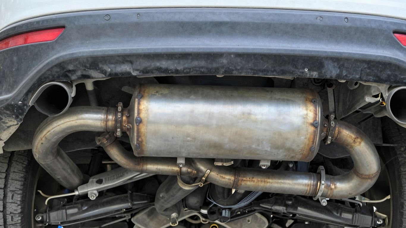 Subaru exhaust system close-up with visible components.