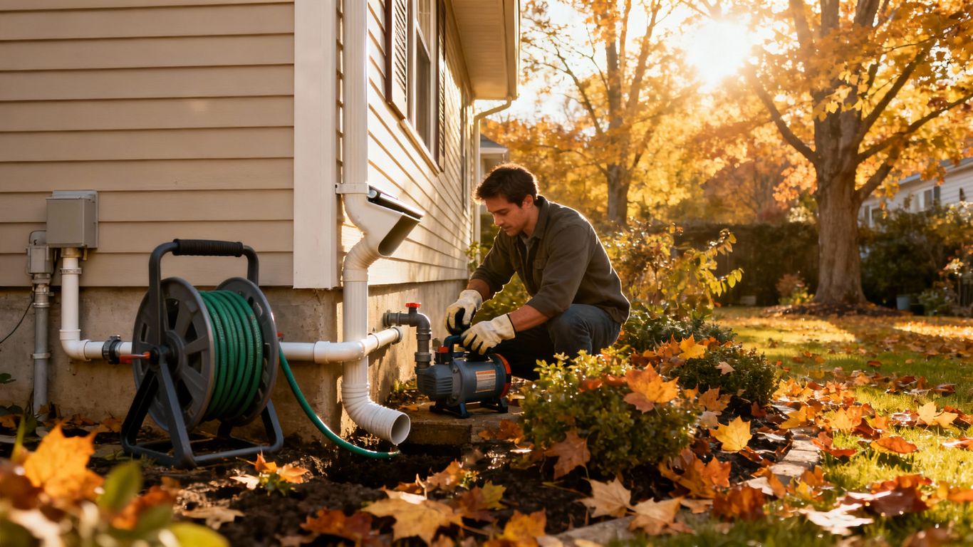 Home plumbing maintenance with autumn leaves and garden hose