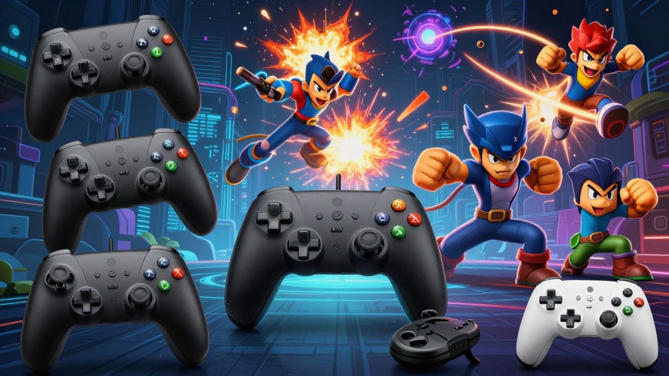 Diverse game controllers and characters in a dynamic, colorful gaming scene.
