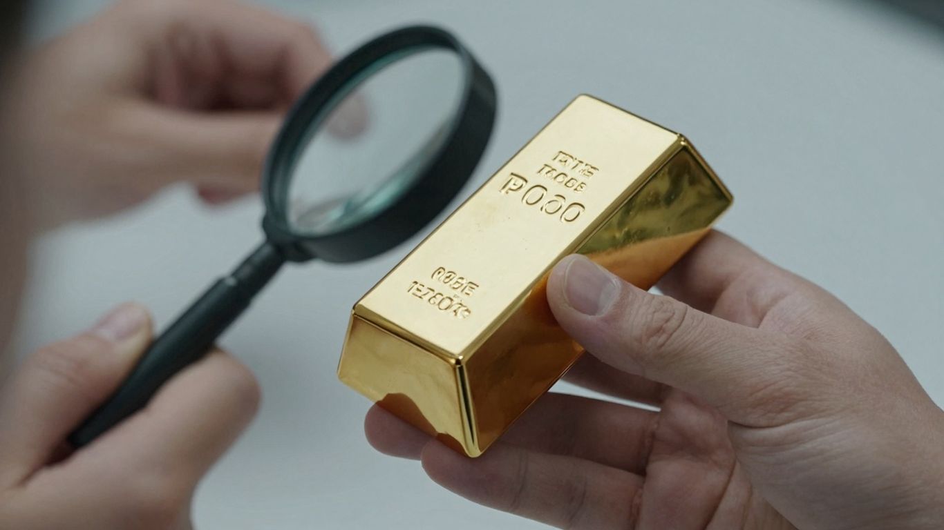 Mão dourada segurando uma barra de ouro com uma lupa