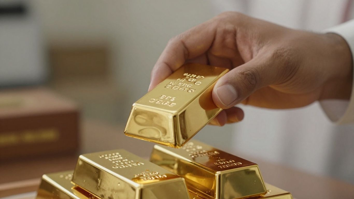 双手将金条放在一堆金子上。