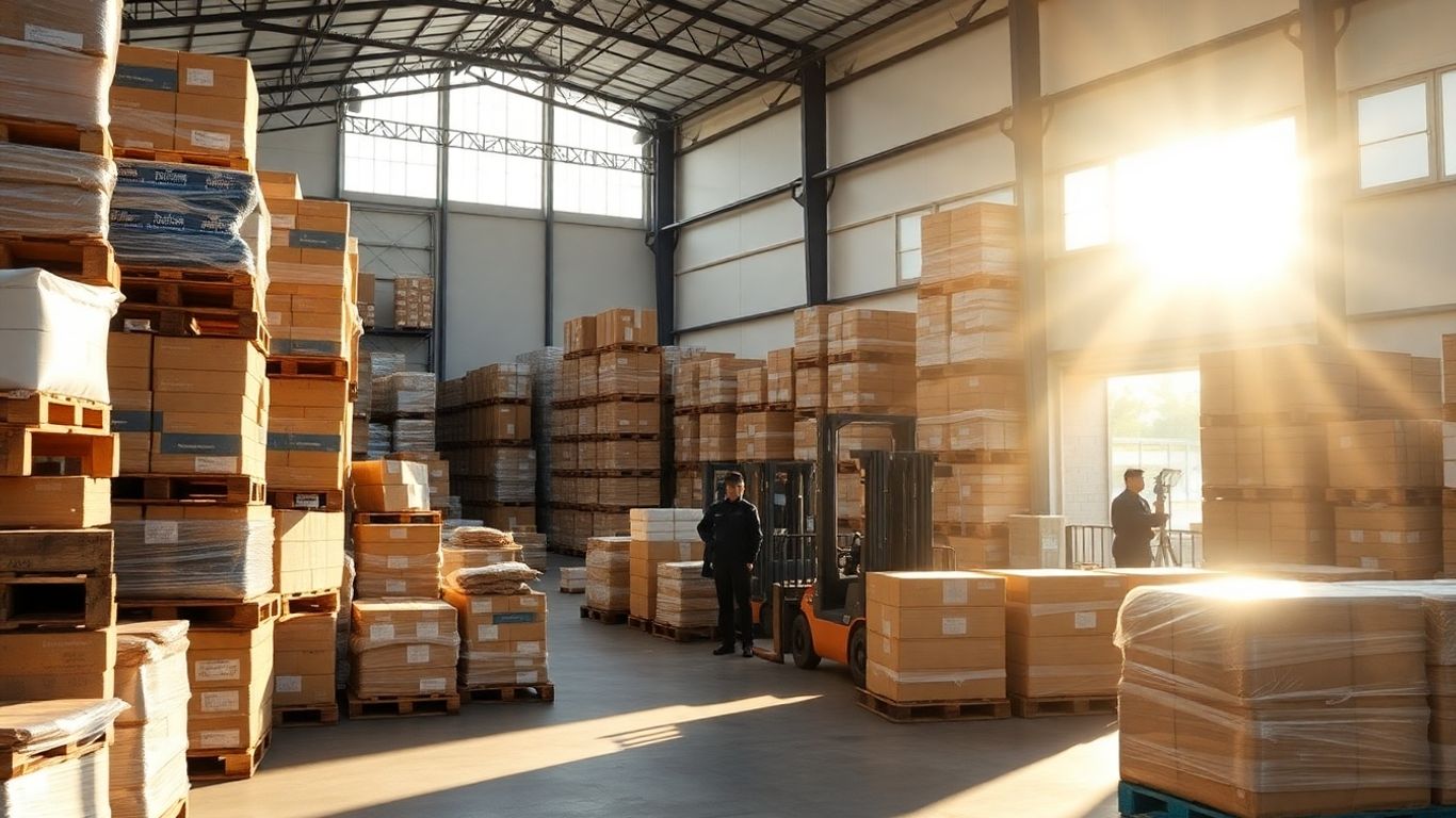 Interior of a customs bonded warehouse with stacked goods.