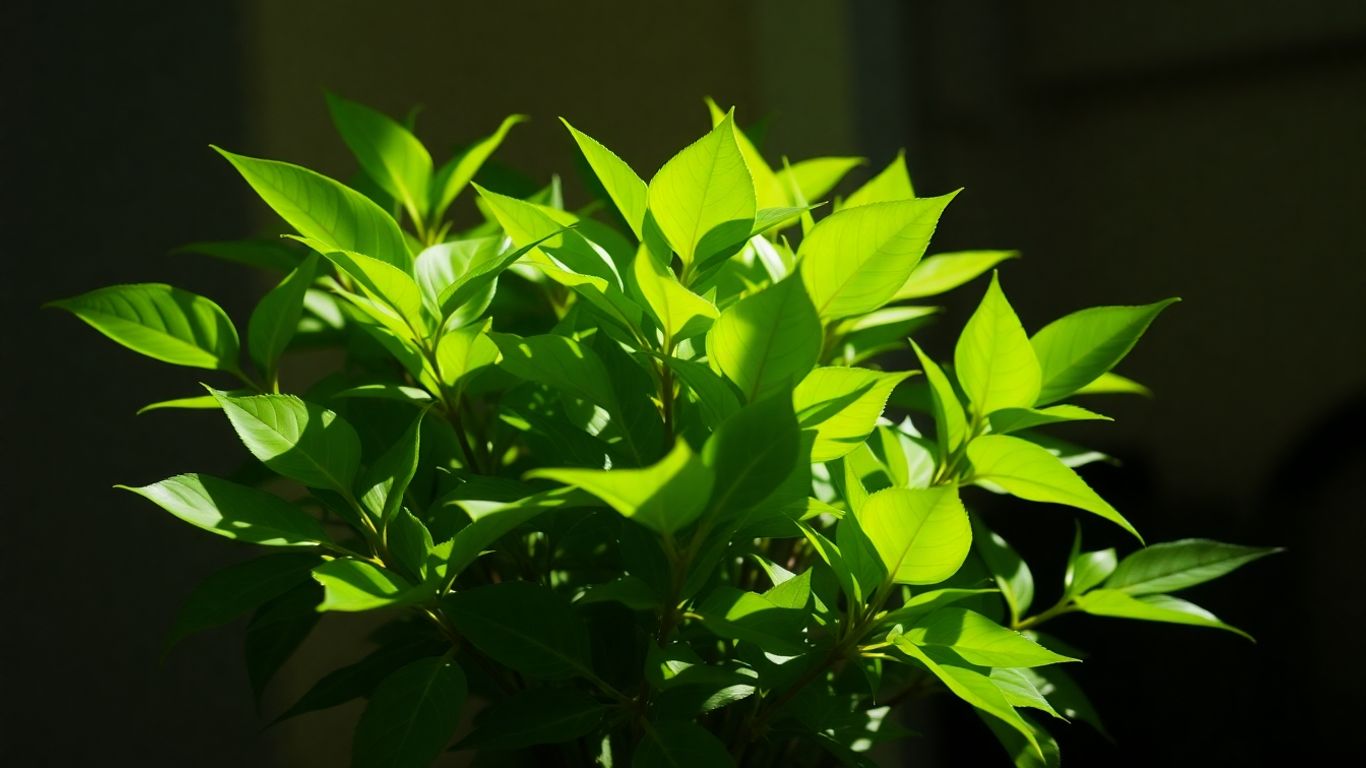 Planta verde exuberante em ambiente com pouca luz.