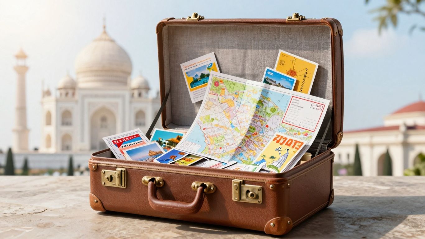 Walizka z pocztówkami i mapą, symbol podróży.
