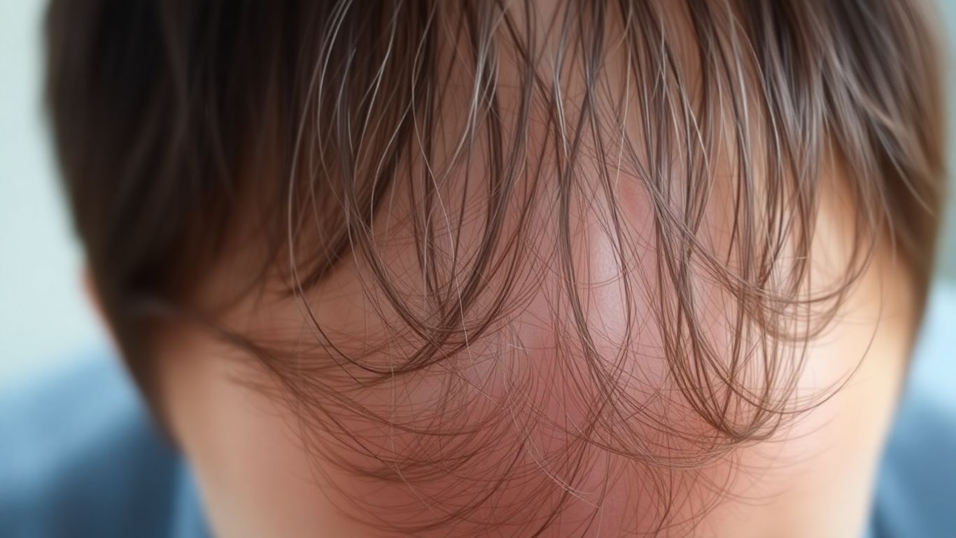 Close-up of thinning hair on a scalp.