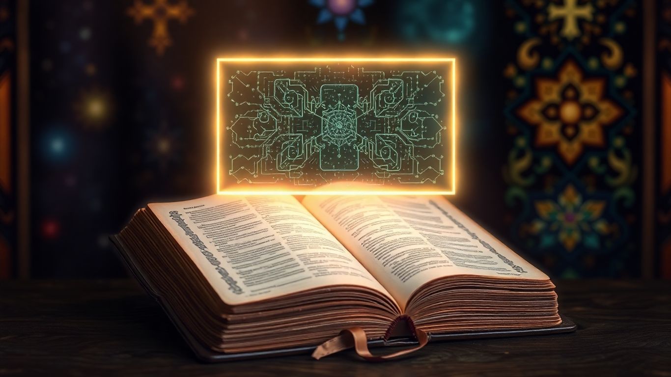 AI interface above a Bible, blending technology and spirituality.