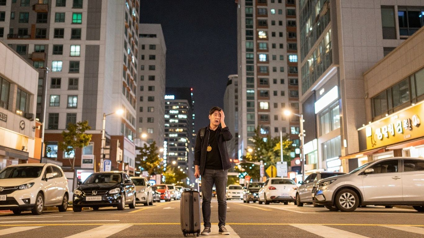 Foreigner looking overwhelmed in busy Seoul housing area.