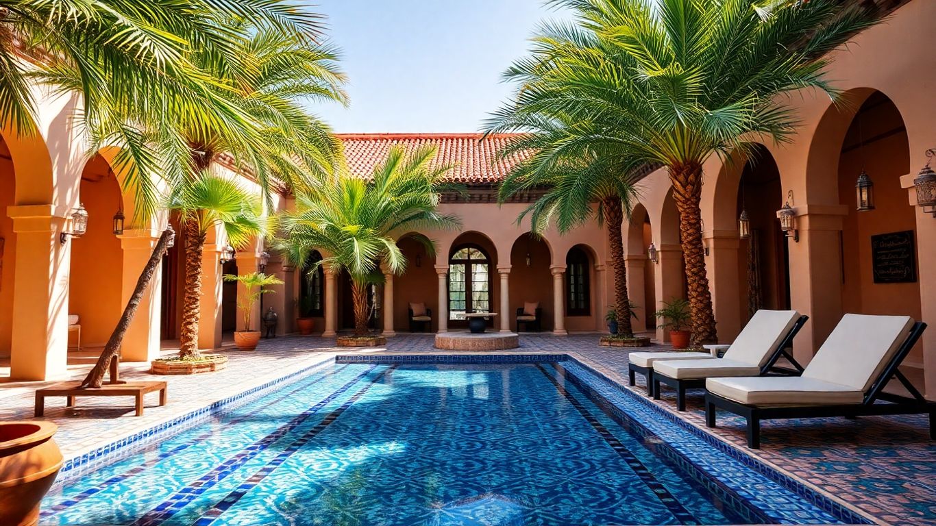 Moroccan riad courtyard with pool and palm trees.