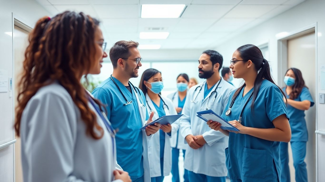 Gesundheitspersonal in modernem Krankenhaus mit blauen Akzenten.