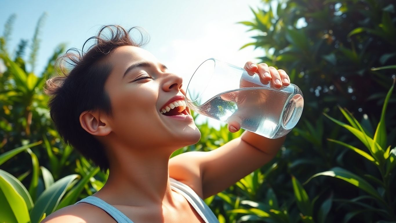 Person drinking water with plants and sun.