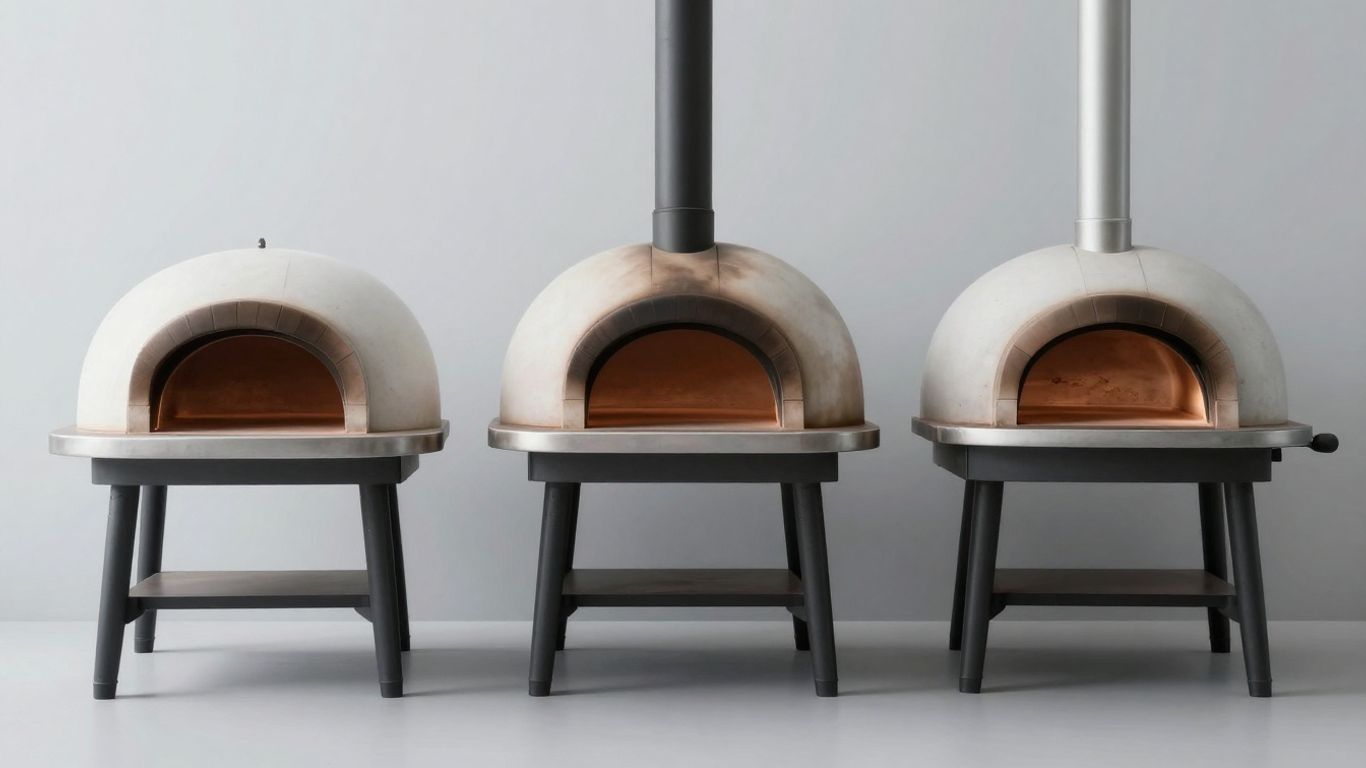 Various pizza ovens, different styles and sizes.