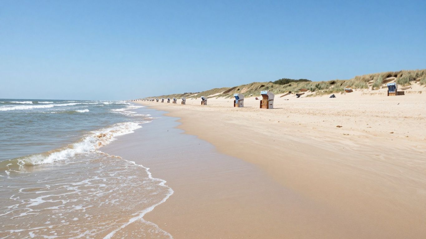 Rustig strand met zand, zee en ligstoelen in Oostende.