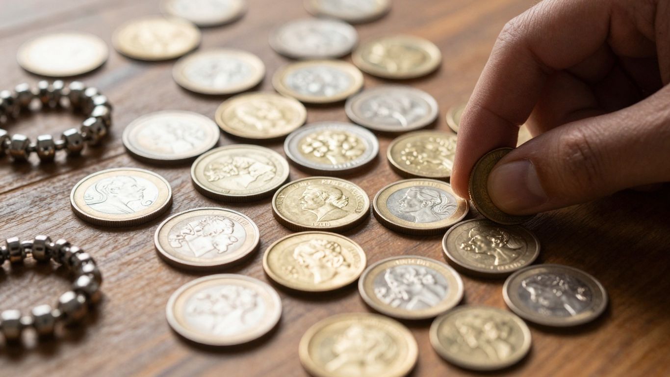 Gold and silver coins and jewelry for sale.