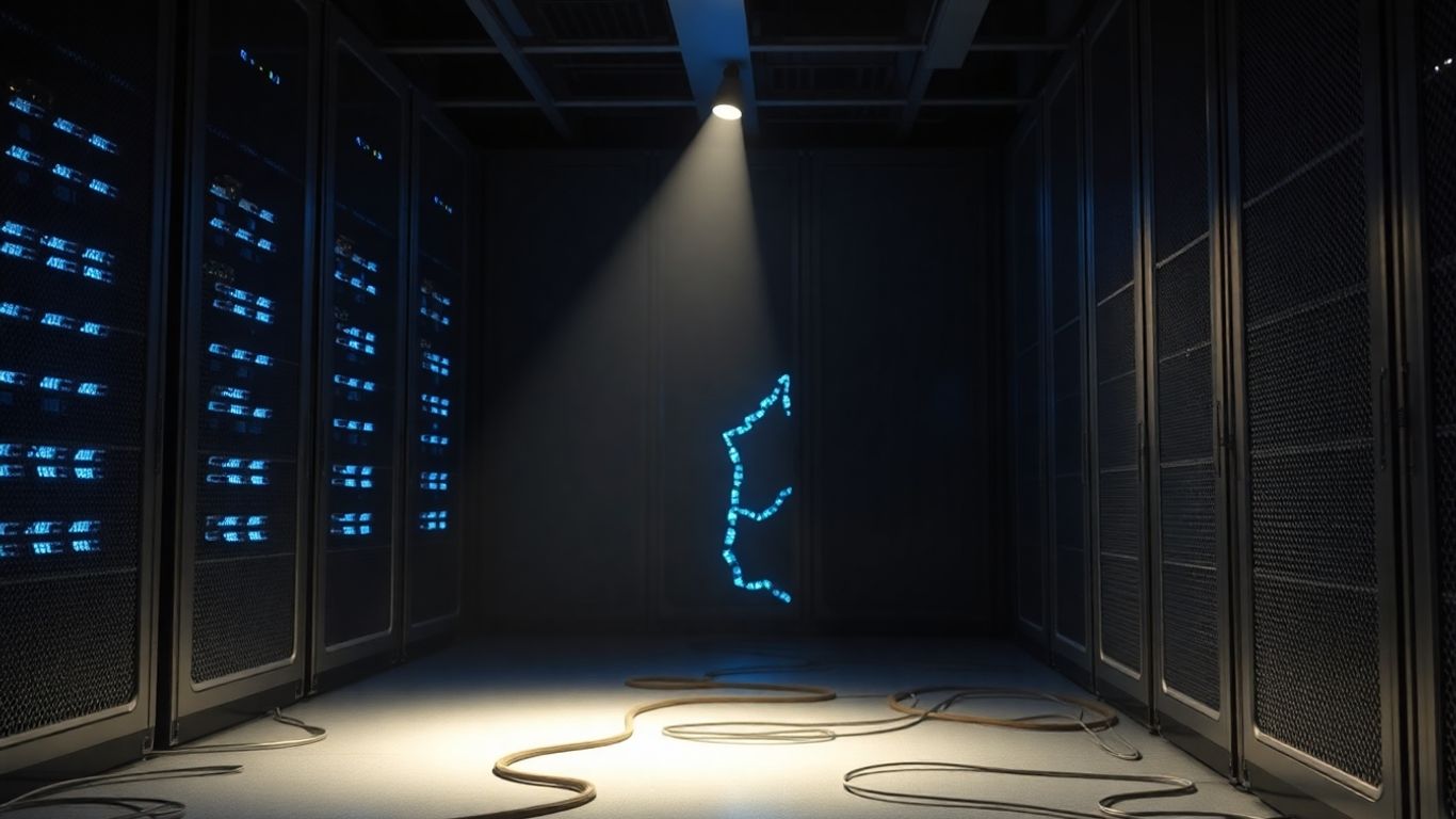 Damaged server room with exposed wires and cracked casing.