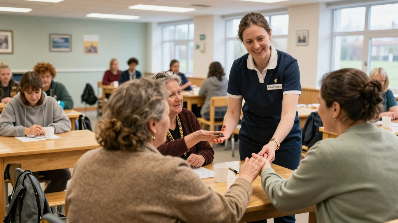 Staff member supporting resident in UK homeless hostel.
