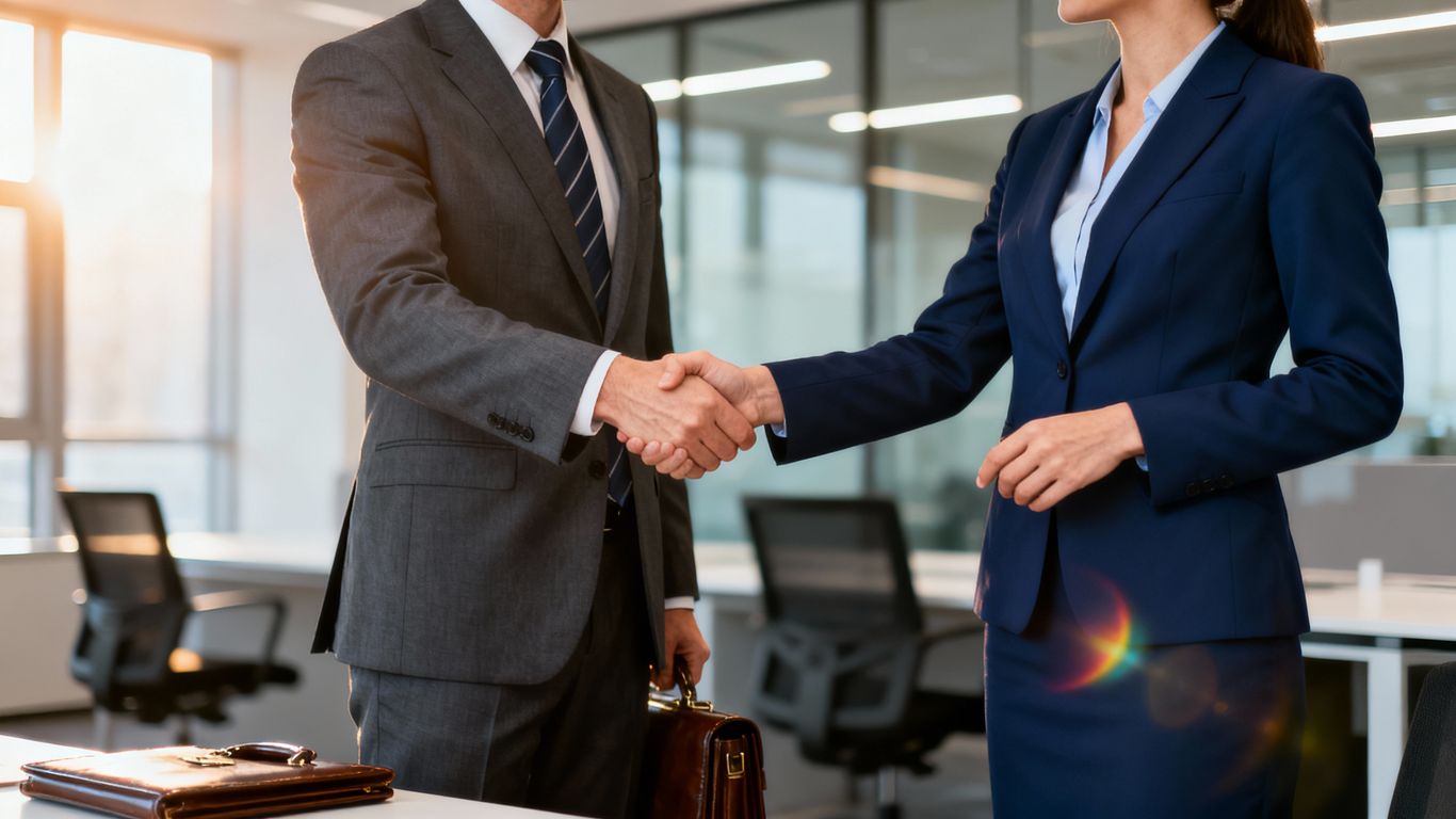 Business professionals shaking hands in a modern office.