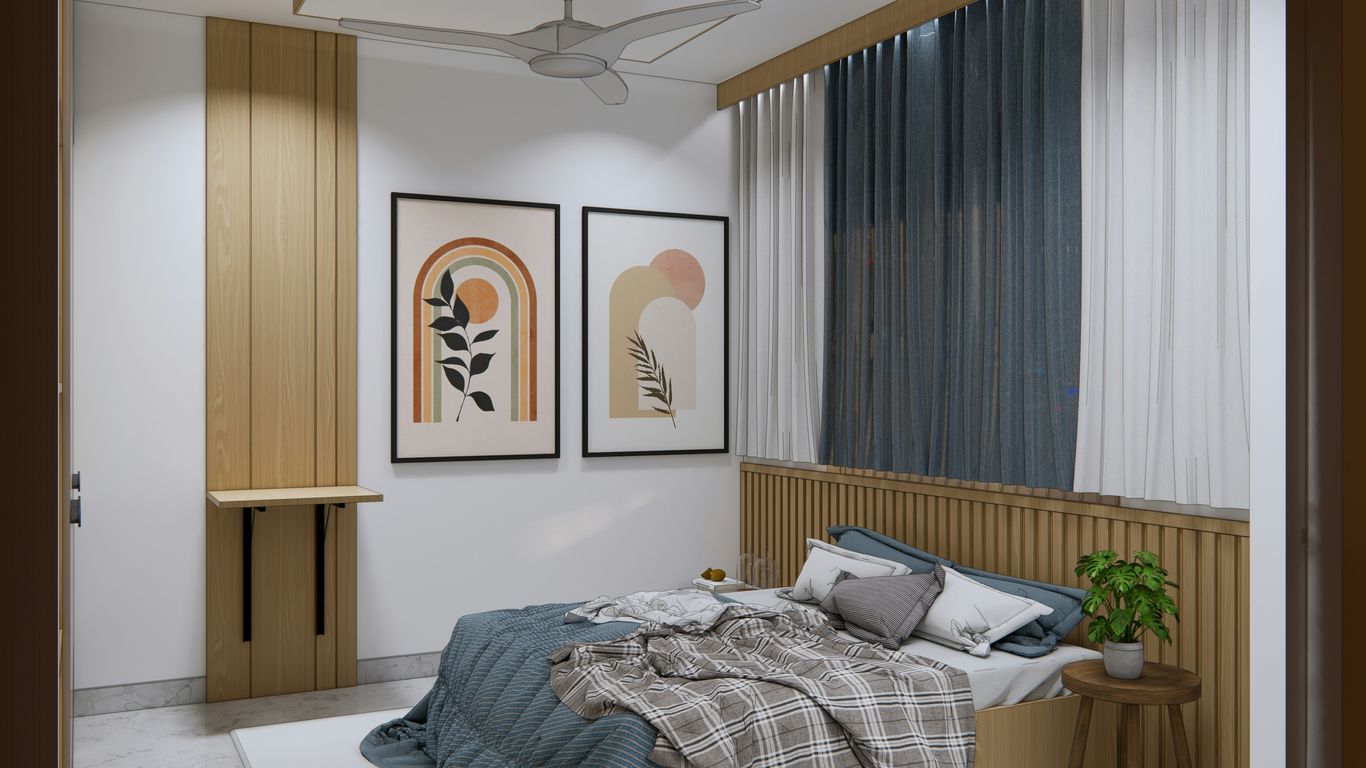 A bedroom with a bed and a window