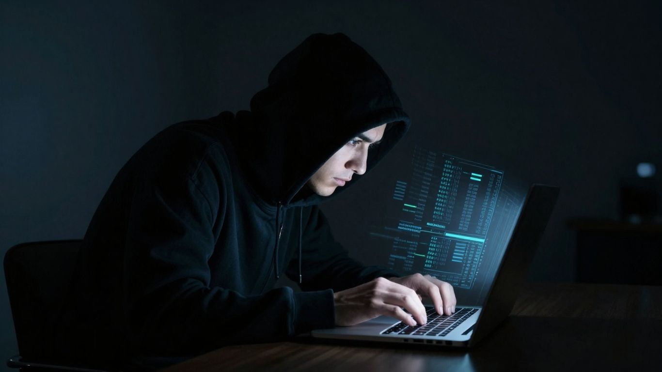 Laptop screen with data flowing out, shadowy figure.