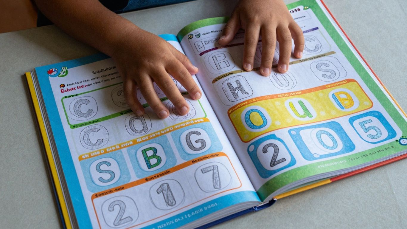 Preschool workbook with letters and numbers for tracing.