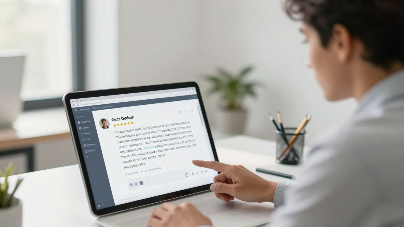 Person interacting with online reviews for business growth.
